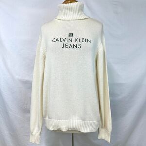 CALVIN KLEIN Vintage 90s NWT Cream Turtleneck Embroidered Knit Sweater Womens L